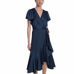 DKNY Women’s Navy Flutter Sleeve Midi Cocktail Faux Wrap Dress 8